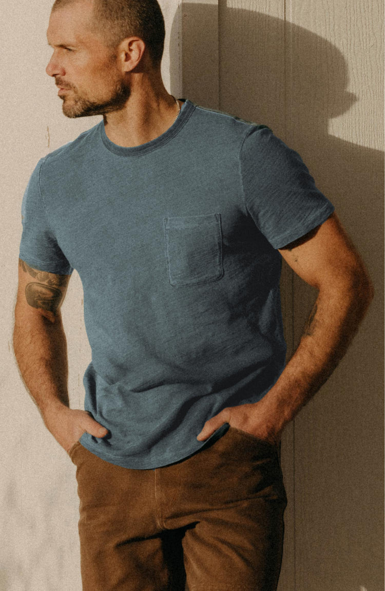 Our model wearing The Organic Cotton Tee in Dyed Indigo