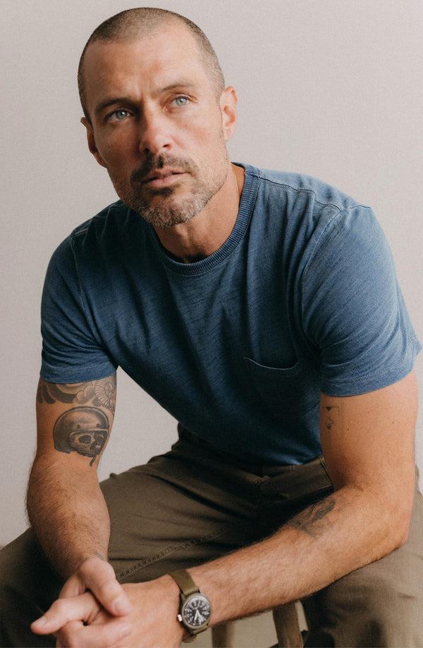 Our model standing in The Slub Tee in Dyed Indigo