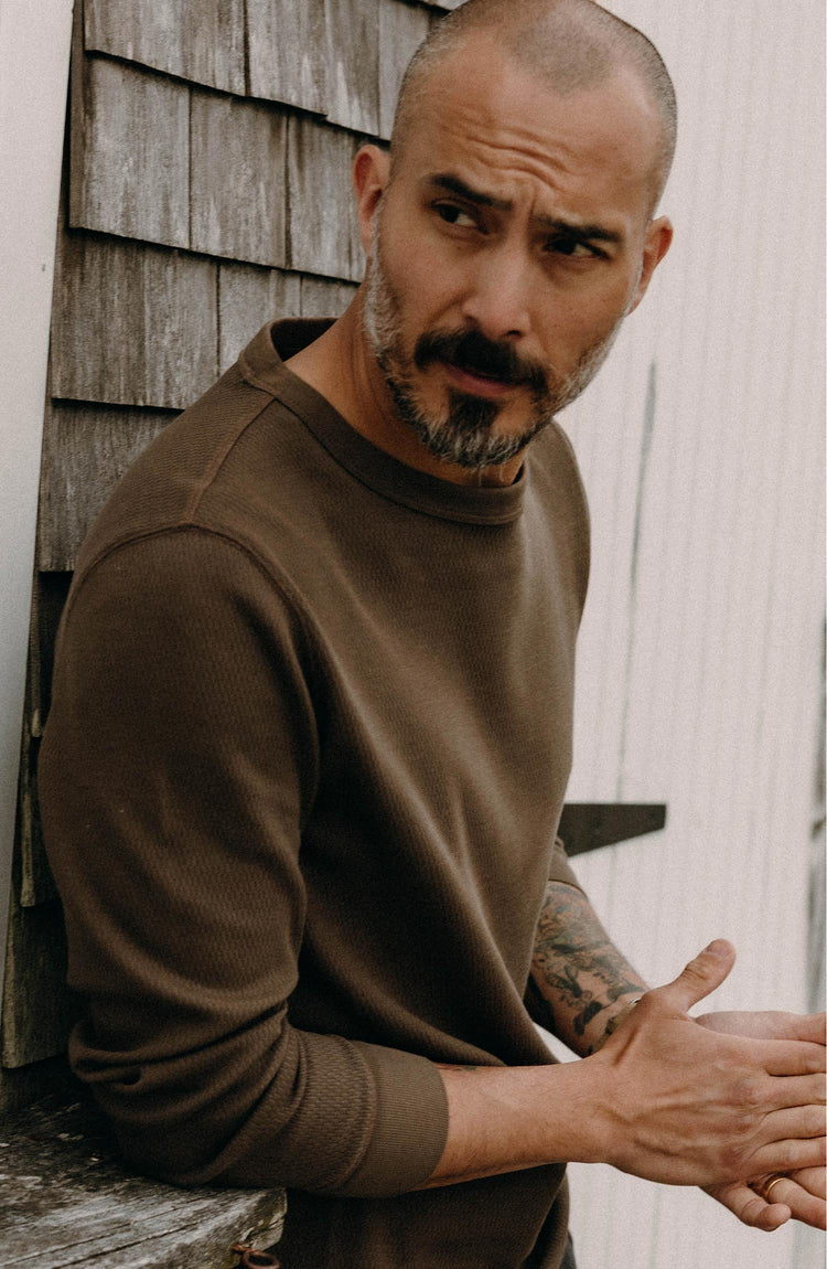 fit model in The Organic Cotton Waffle Crew in Fatigue Olive