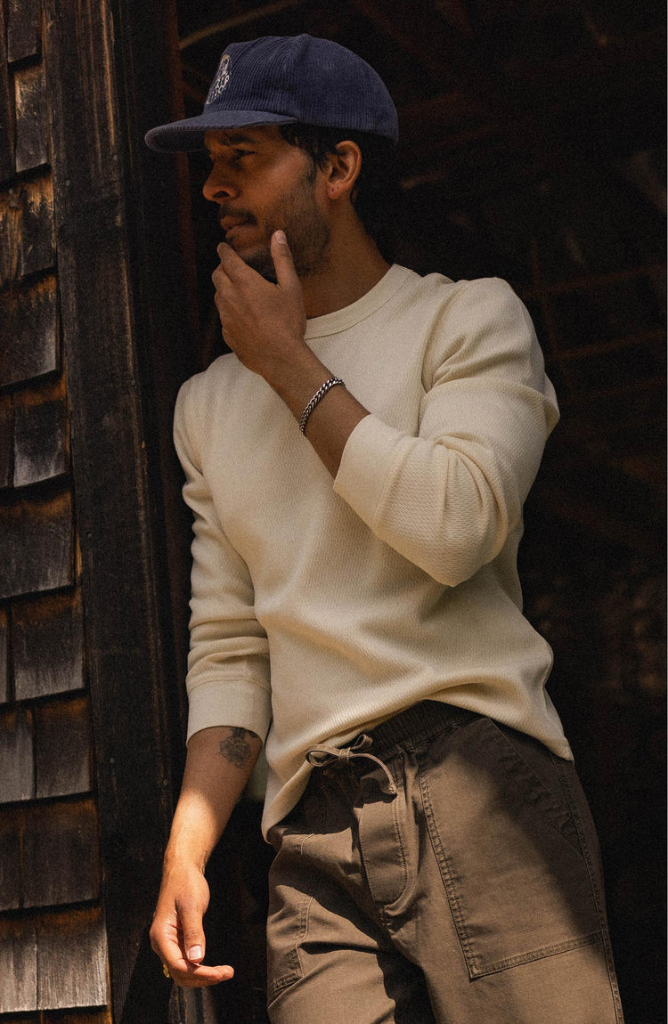 fit model in The Organic Cotton Waffle Crew in Natural