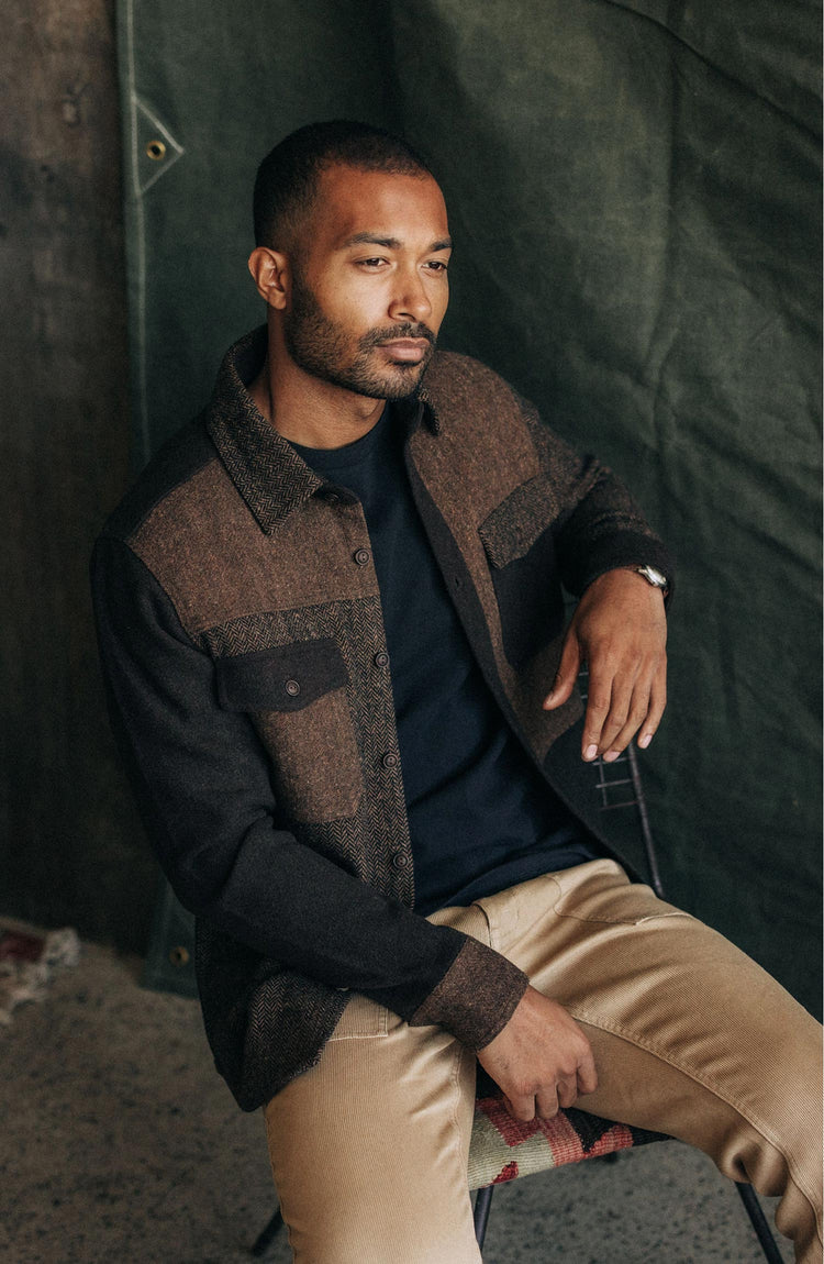 Our model wearing The Patchwork Overshirt in Timber Tweed