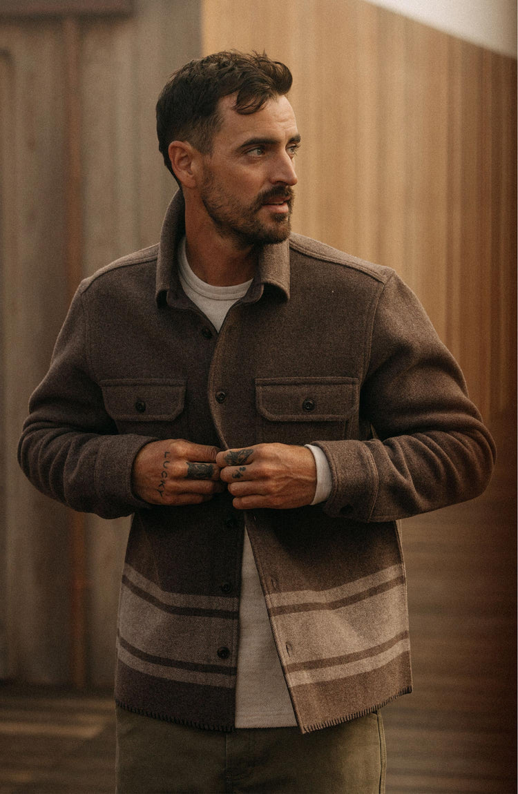 fit model in The Ranger Shirt in Sable Heather Blanket Stripe Wool