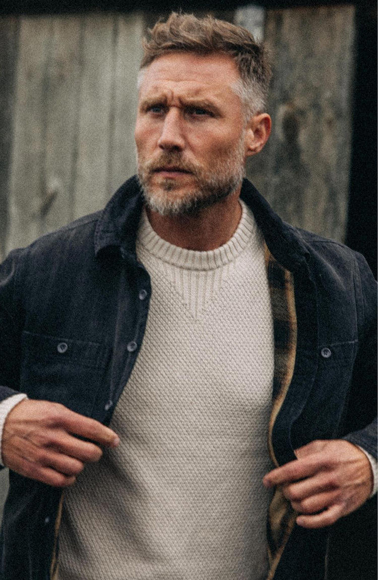 fit model layering with The Russell Sweater in Heather Oat