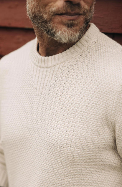 fit model showing off collar on The Russell Sweater in Heather Oat