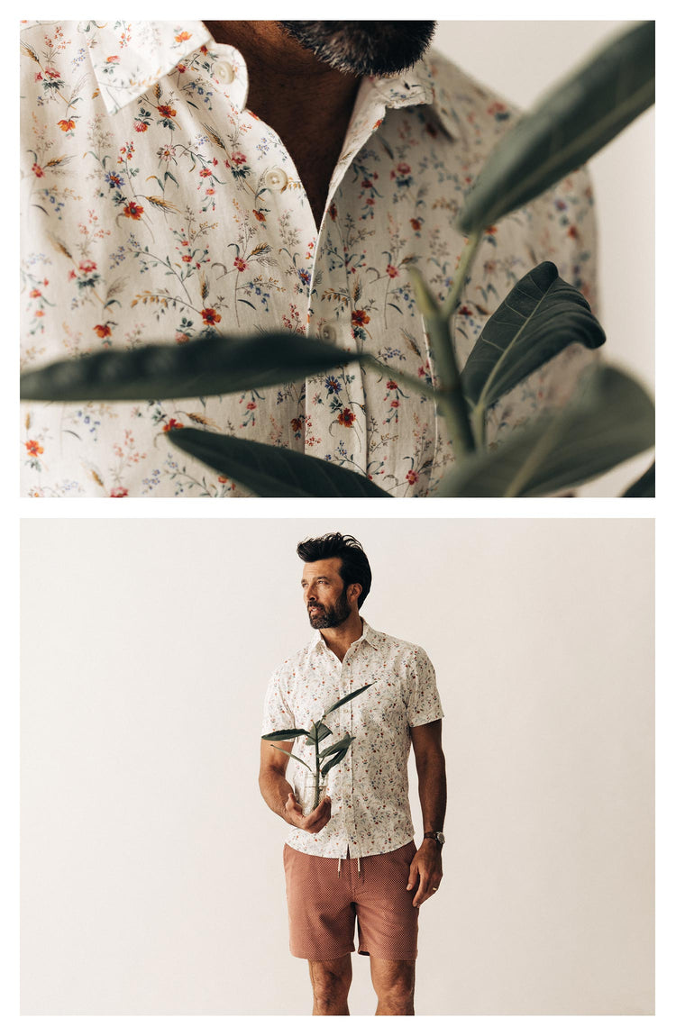 Our model wearing The Short Sleeve California in Vintage Botanical