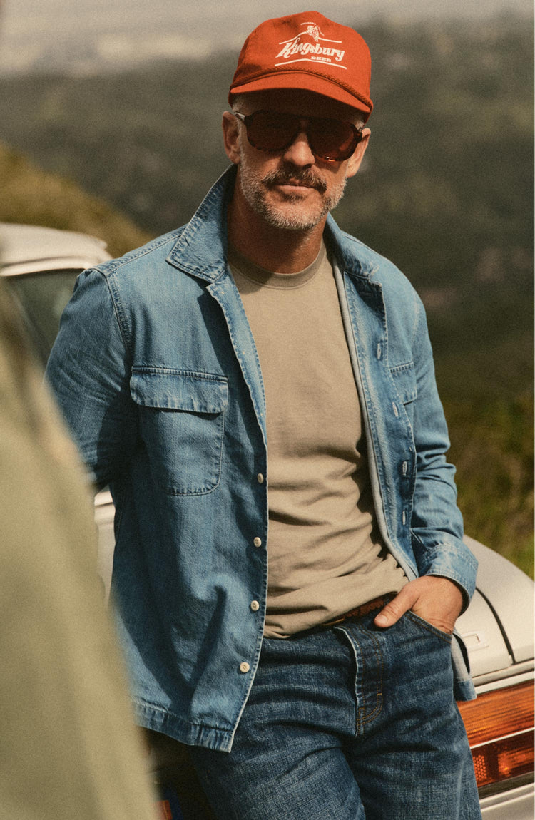 fit model posing in The Shore Shirt in Washed Indigo Twill