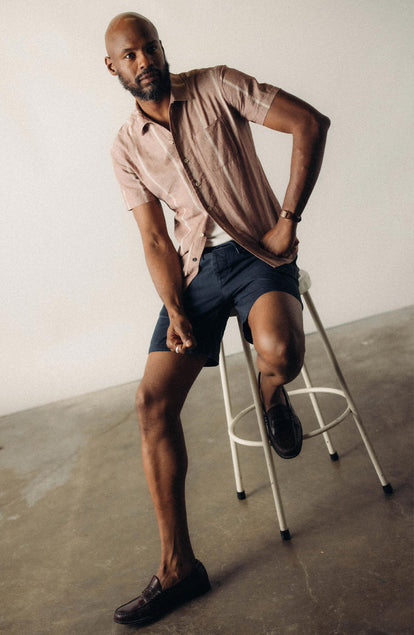 fit model wearing The Short Sleeve Hawthorne in Dried Fig Stripe