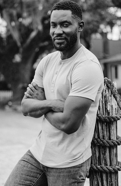 Our model in the short sleeve heavy bag henley in fog