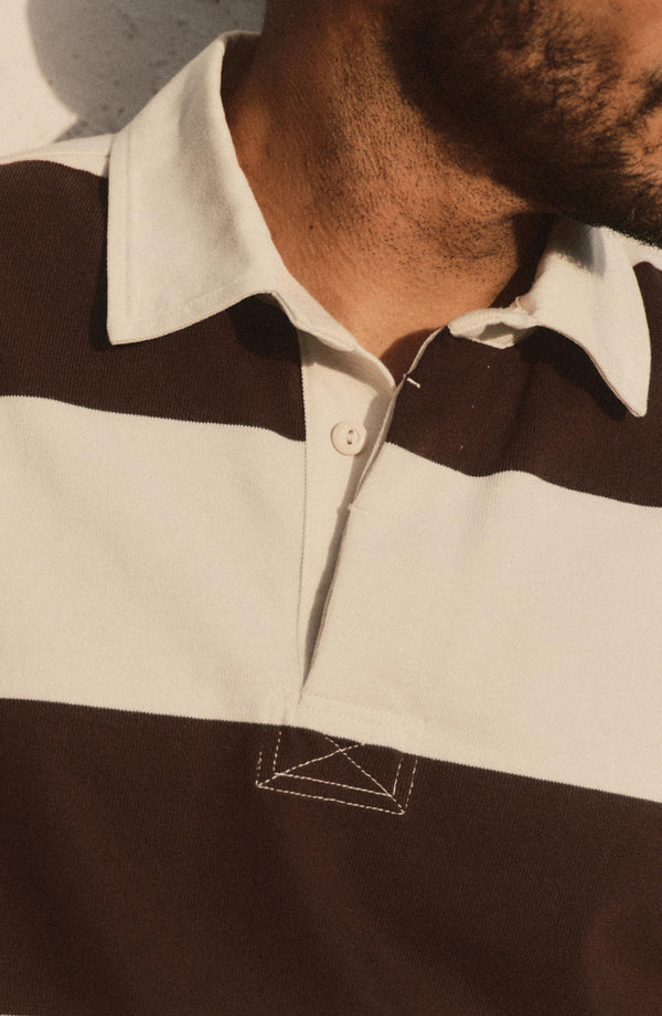 fit model showing off the collar on The Short Sleeve Rugby Shirt in Port Stripe