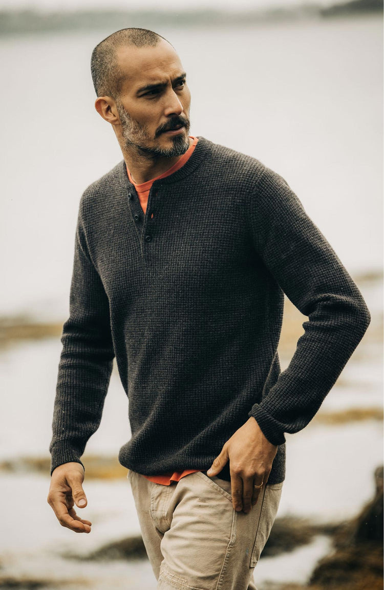 fit model showing off The Sidecountry Sweater in Coffee Heather Merino Waffle