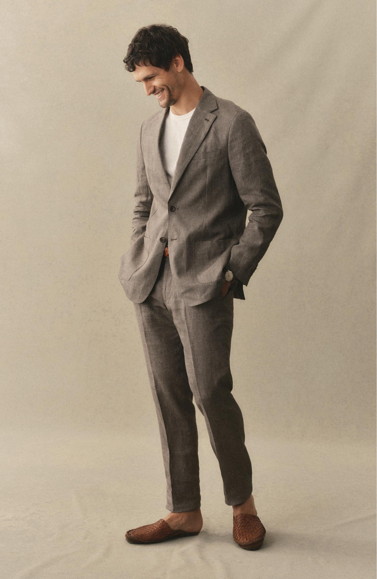 fit model posing in The Stevens Sportcoat in Morel Micro Check