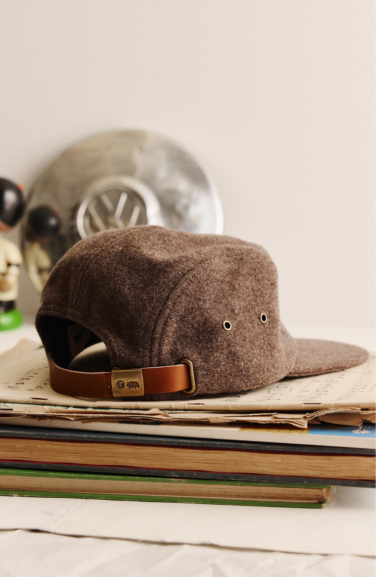 editorial image of the back of The 5-Panel Cap in Heather Sable Wool Blend
