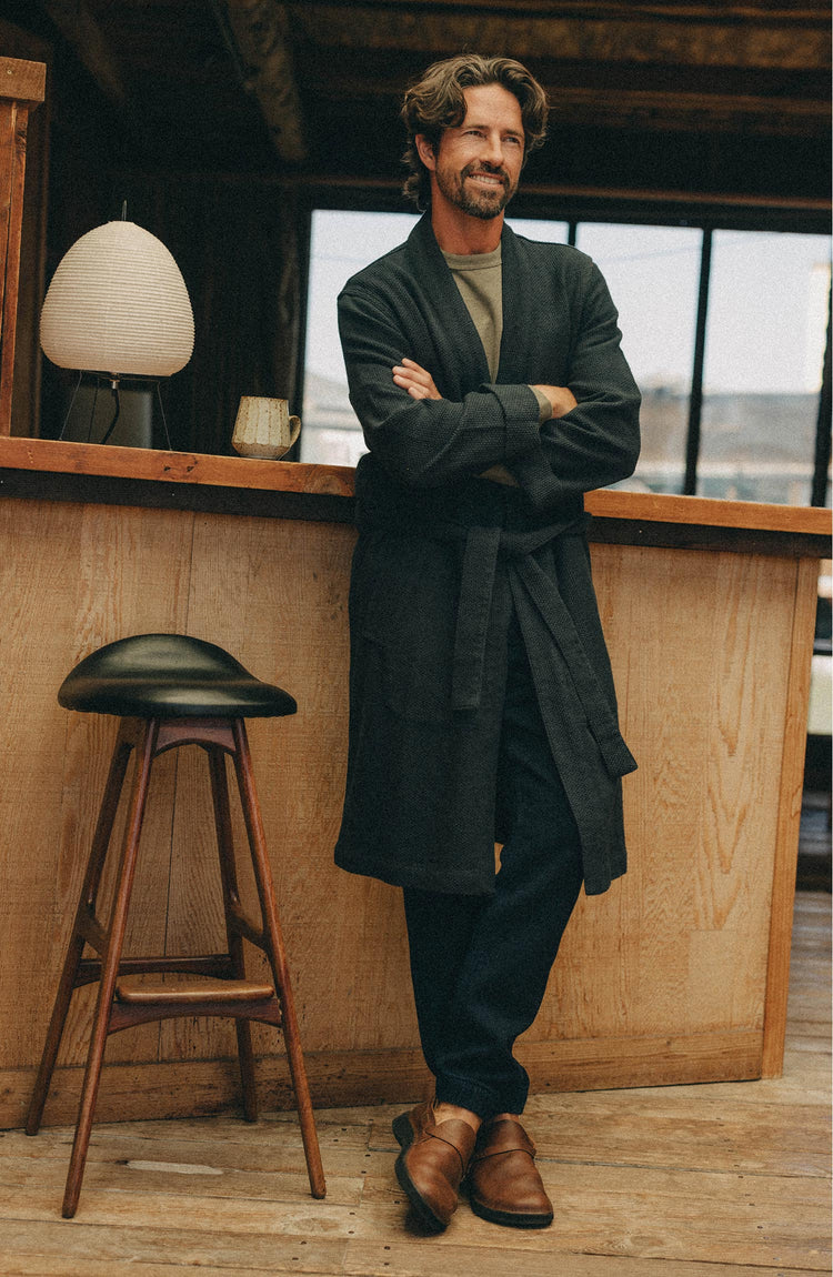 fit model posing in The Apres Robe in Navy Sashiko