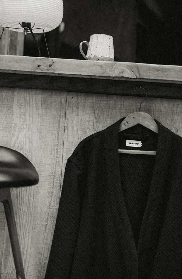 editorial image of The Apres Robe in Navy Sashiko hanging