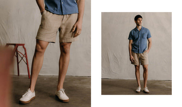 fit model wearing The Après Short in Oat Linen Tweed with a Camp Shirt