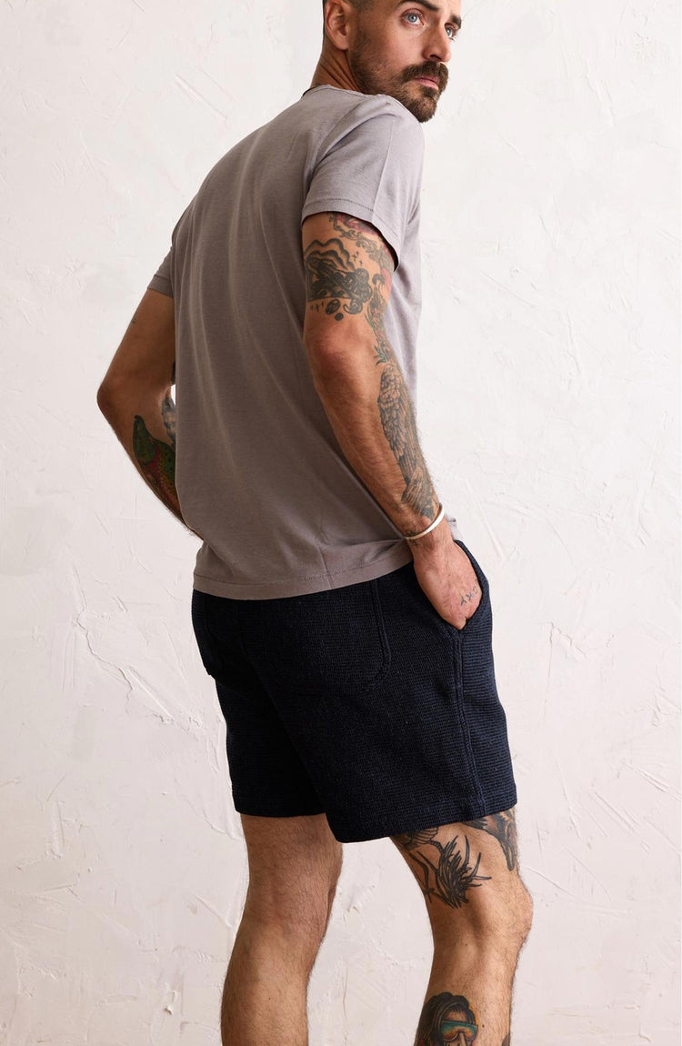 Our model wearing The Apres Short in Indigo Waffle