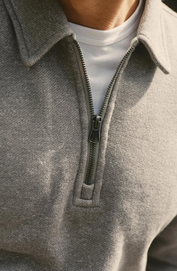 fit model showing off the collar on The Armor Quarter Zip in Heather Grey Cotton Hemp
