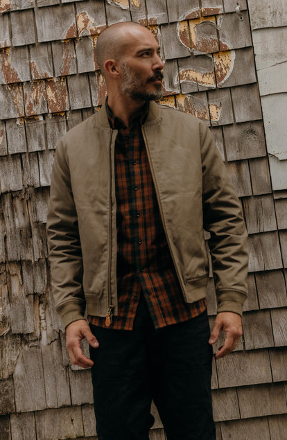 Close up of fit model in The Bomber Jacket in Fatigue Olive Dry Wax