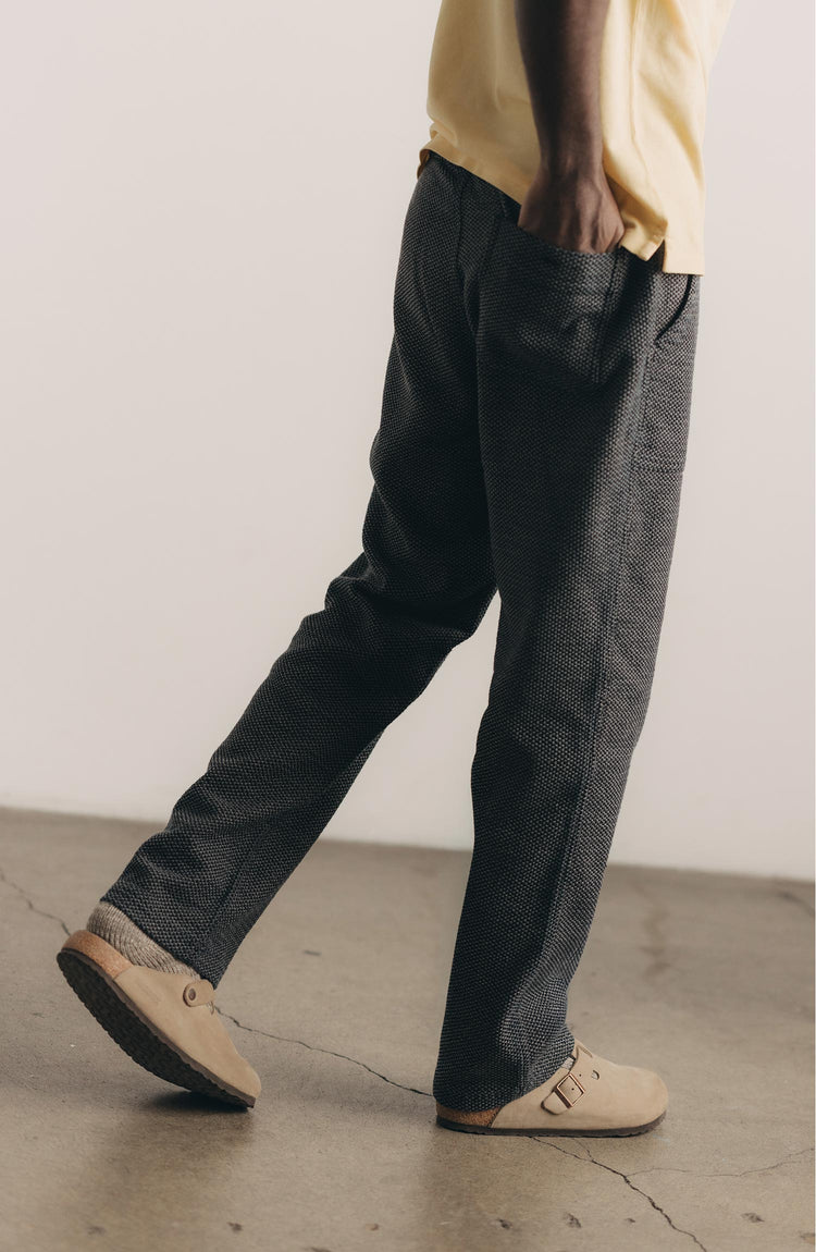 fit model posing in The Breakwater Pant in Charcoal Sashiko
