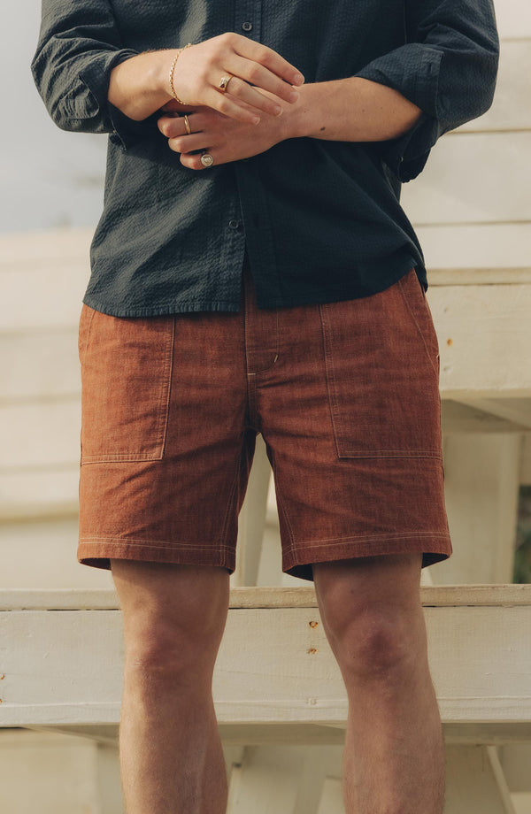 fit model showing off The Breakwater Short in Brick Chambray