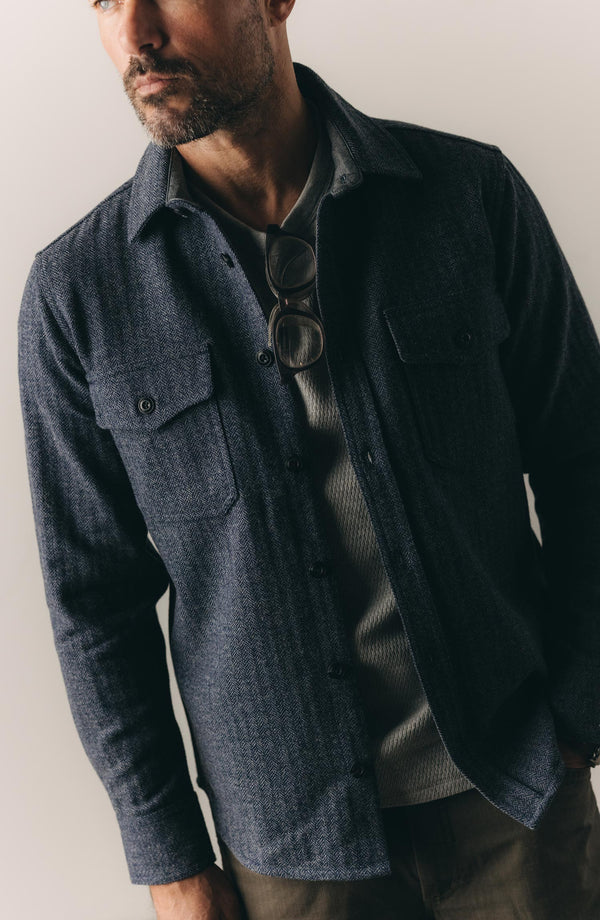 fit model wearing The CPO Overshirt in Indigo Ash Wool Herringbone