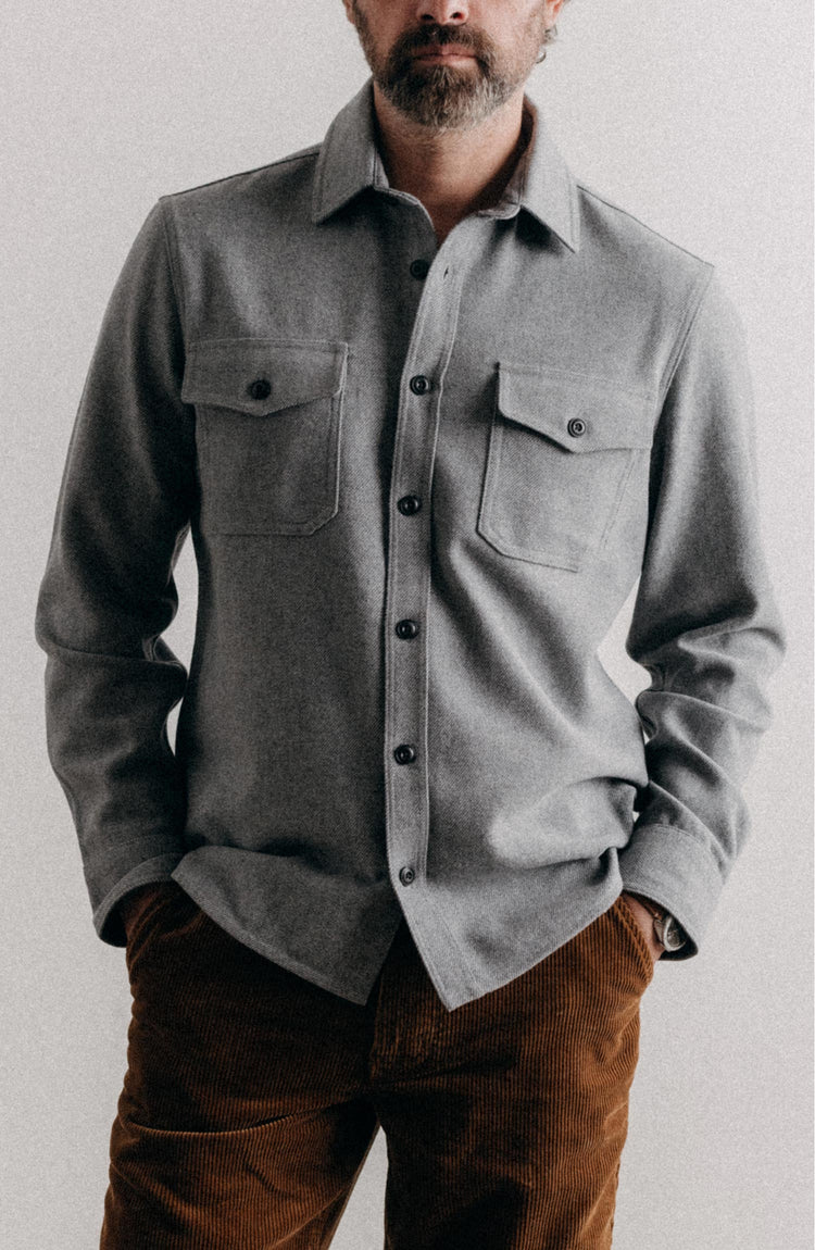 fit model posing in The CPO Shirt in Heather Ash Twill