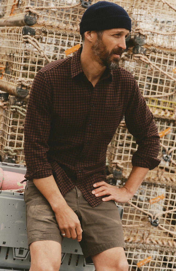 fit model posing in The California Shirt in Black Cherry Gingham