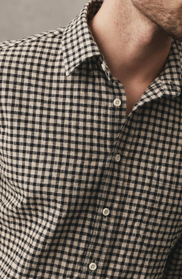 fit model showing off the button on The California Shirt in Breaker Gingham