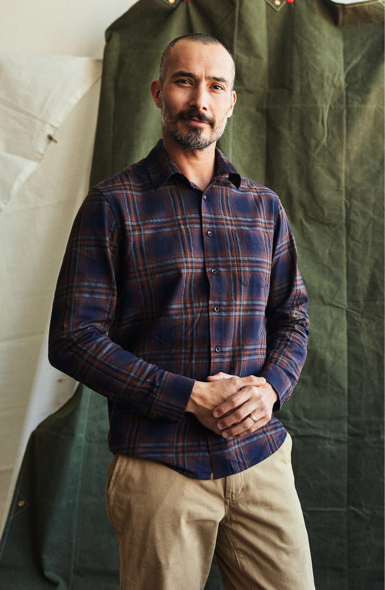 Our model wearing The California in Twilight Plaid Brushed Cotton Twill