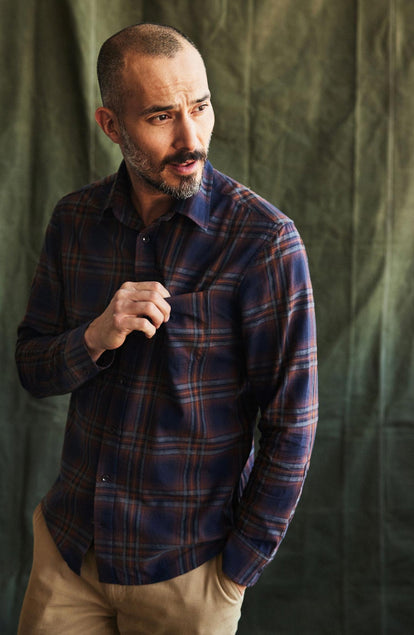 Our model standing in The California in Twilight Plaid Brushed Cotton Twill