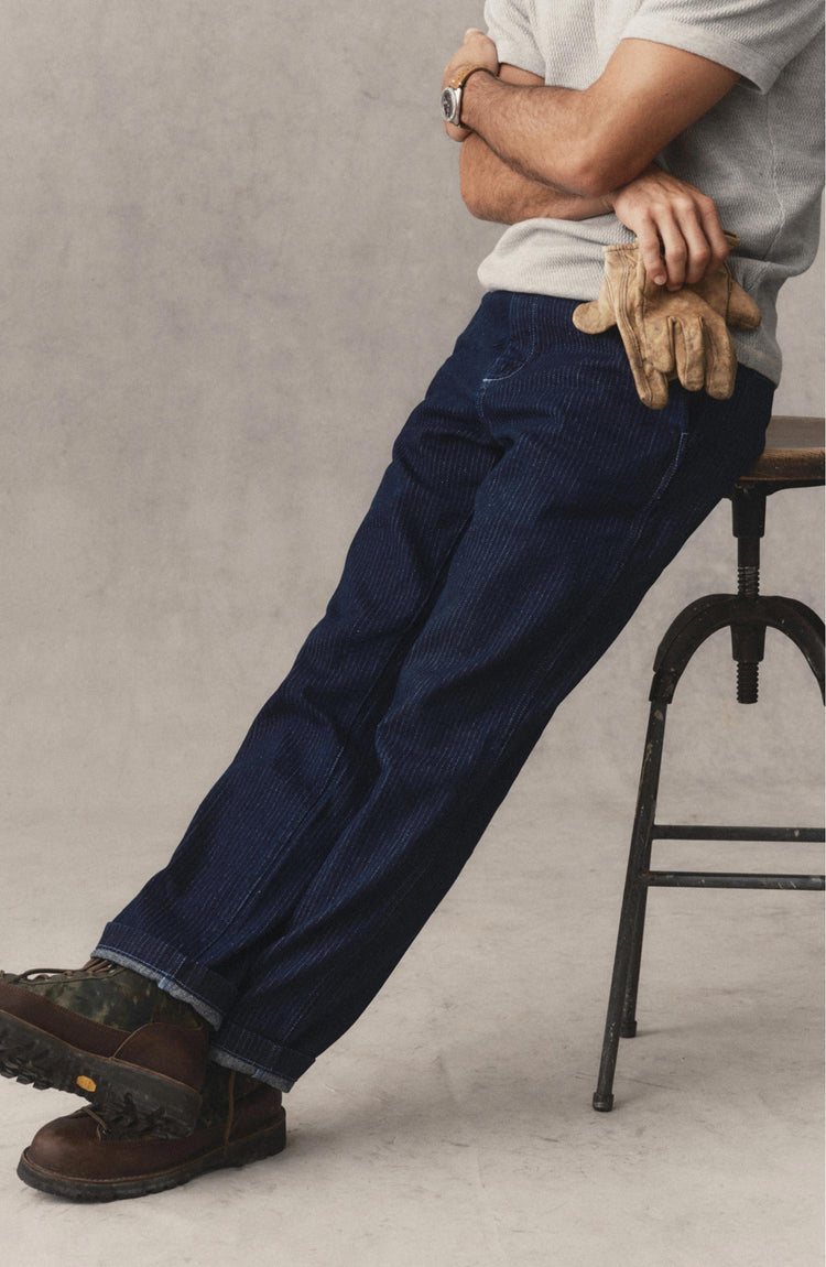 fit model posing in The Camden Pant in Rinsed Indigo Roped Denim