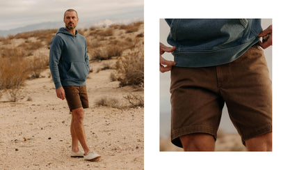 fit model wearing The Camp Short with a a hoodie