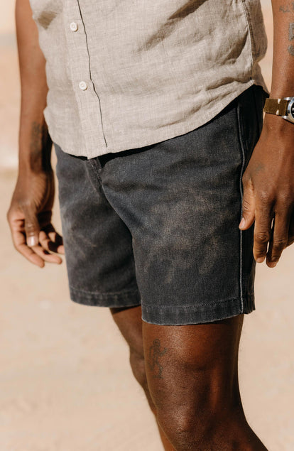 fit model posing in The Camp Short in Navy Chipped Canvas