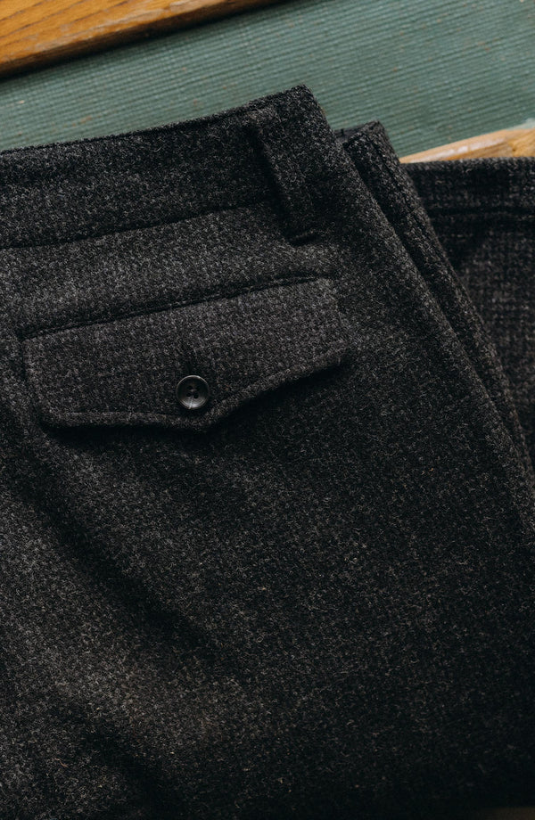 fit model posing in The Carnegie Pant in Heather Charcoal Wool