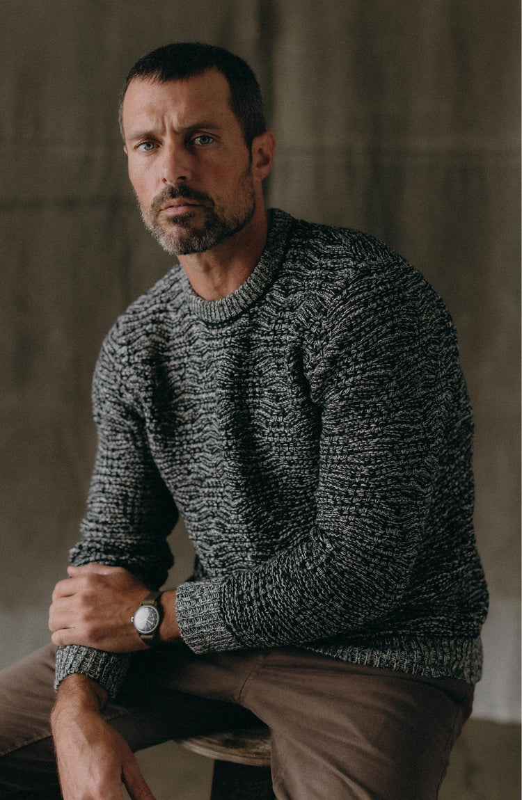 fit model posing in The Chatham Crew in Marine Stripe Jacquard