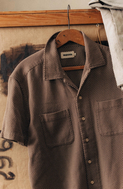 editorial image of The Conrad Shirt in Cocoa Dobby hanging