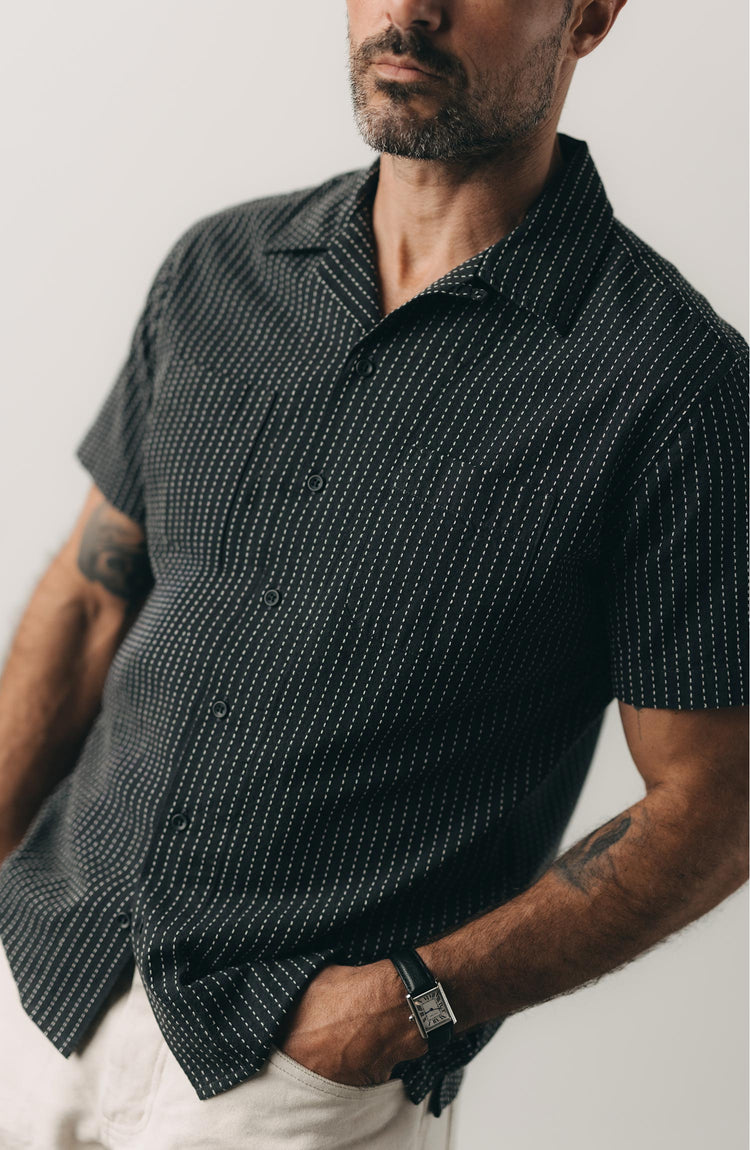 fit model posing in The Conrad Shirt in Pickstitch Stripe Dobby