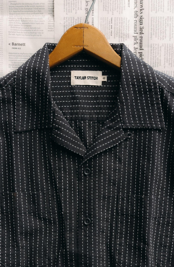 editorial image of The Conrad Shirt in Pickstitch Stripe Dobby on a hanger
