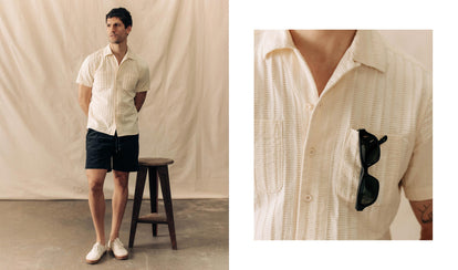 fit model wearing The Conrad Camp Shirt in Vintage White Dobby