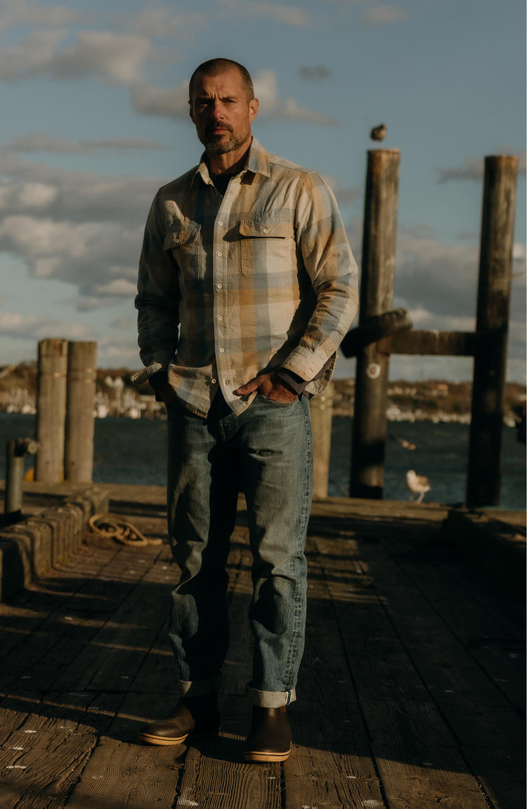 fit model posing in The Craftsman Shirt in Blue Sky Check