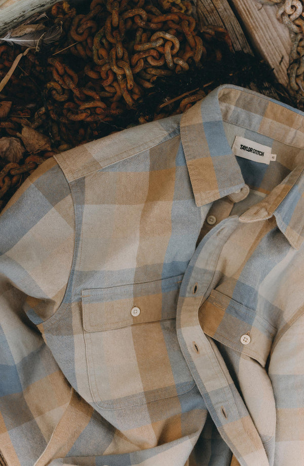 editorial flatlay of The Craftsman Shirt in Blue Sky Check