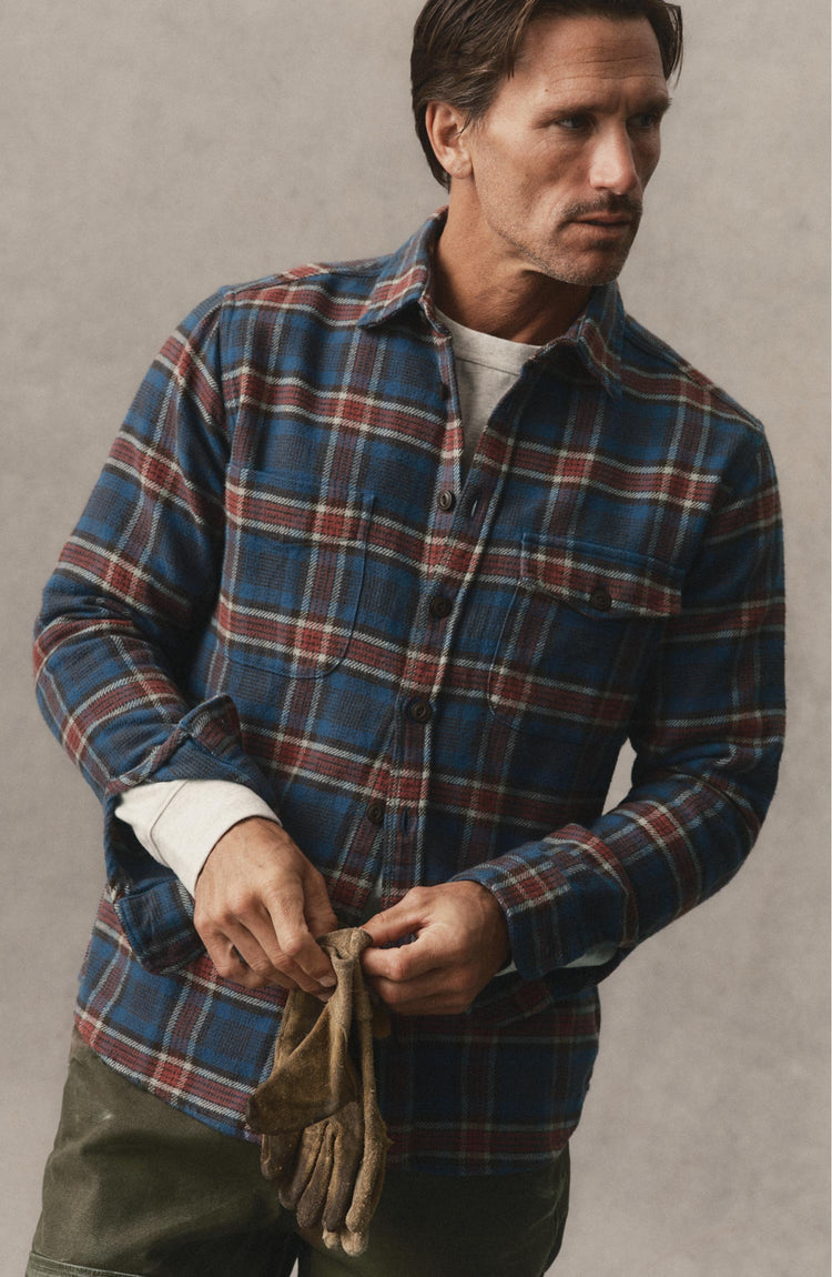 fit model posing in The Crater Shirt in Headland Plaid