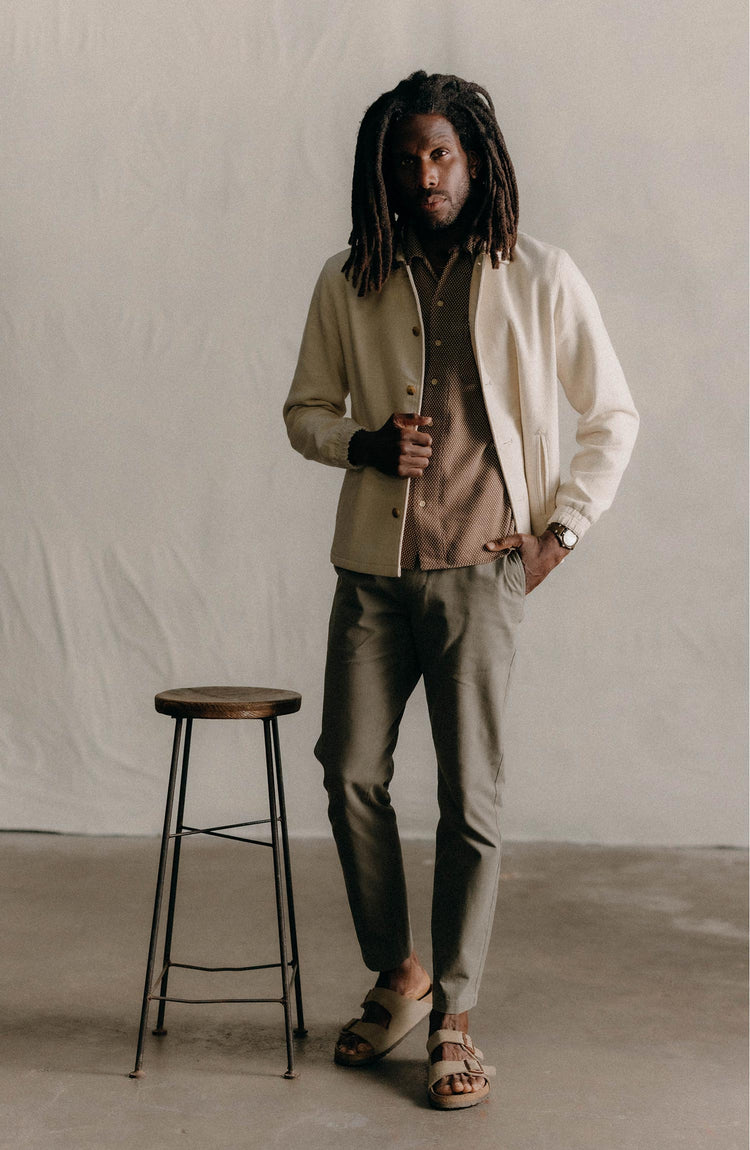 fit model posing in The Crew Jacket in Seeded Natural Sashiko