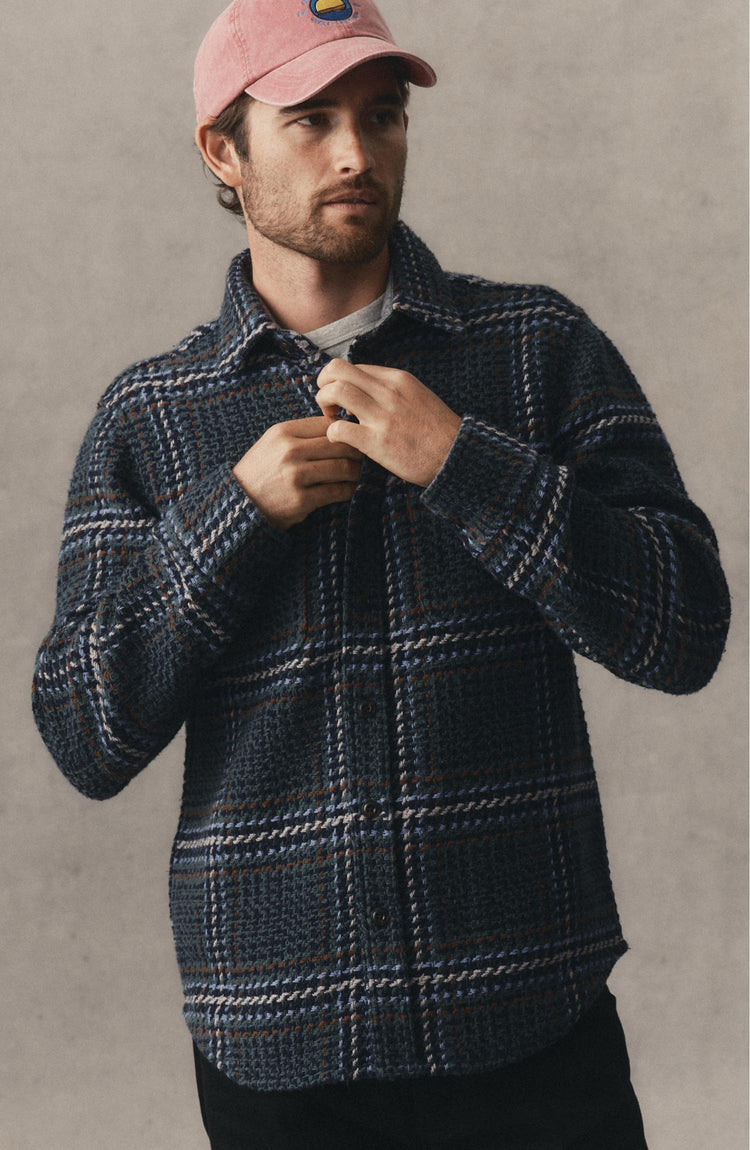 fit model posing in The Cutter Overshirt in Canal Check