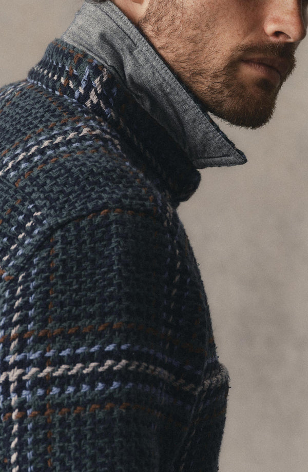 fit model showing off the collar on The Cutter Overshirt in Canal Check