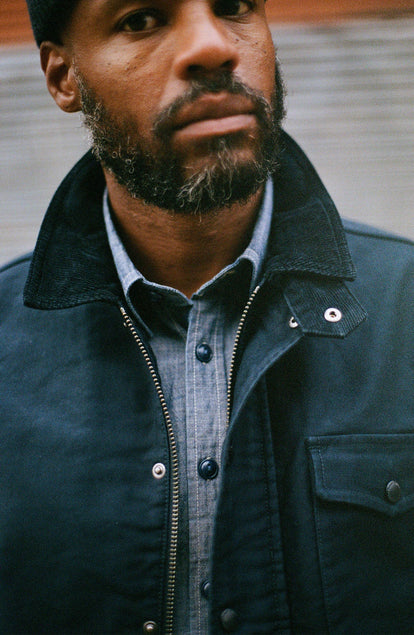 fit model showing off the collar on The Deck Jacket in Dark Navy Bedford Cord