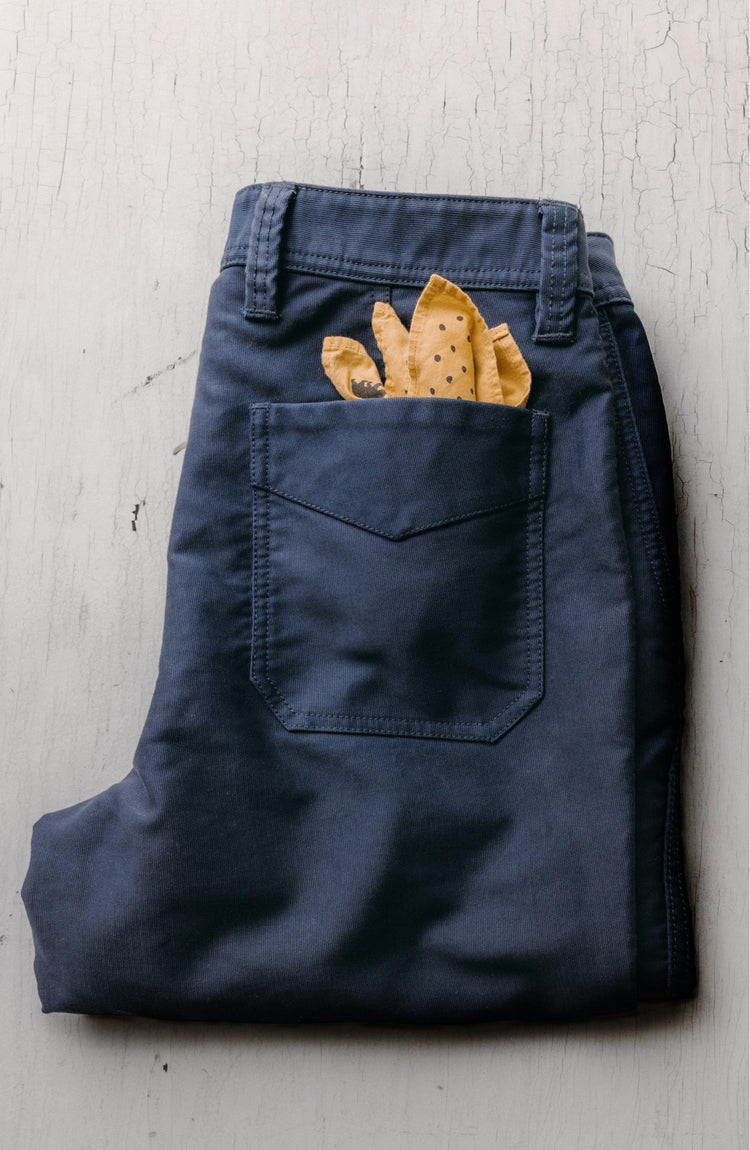 material shot of the back pocket on The Deck Pant in Dark Navy Bedford Cord