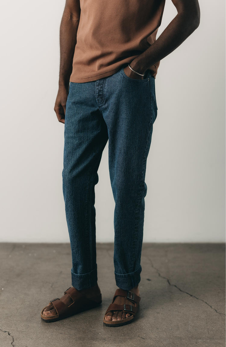 fit model posing in The Democratic Jean in Japanese Washed Indigo Sashiko