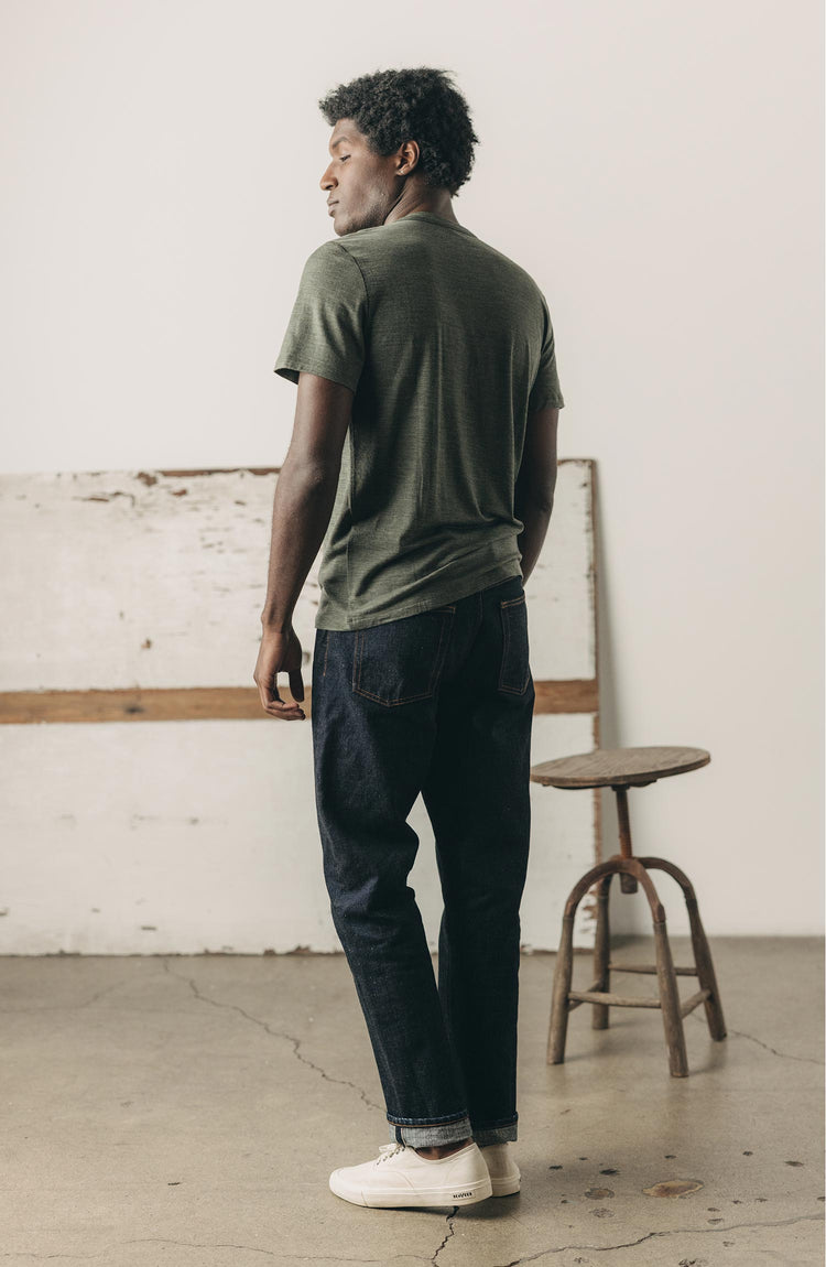 fit model showing off The Democratic Jean in Rinsed Yoshiwa Selvedge