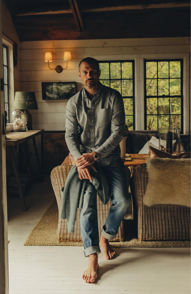 fit model posing in The Democratic Jean in Light Wash Organic Selvedge